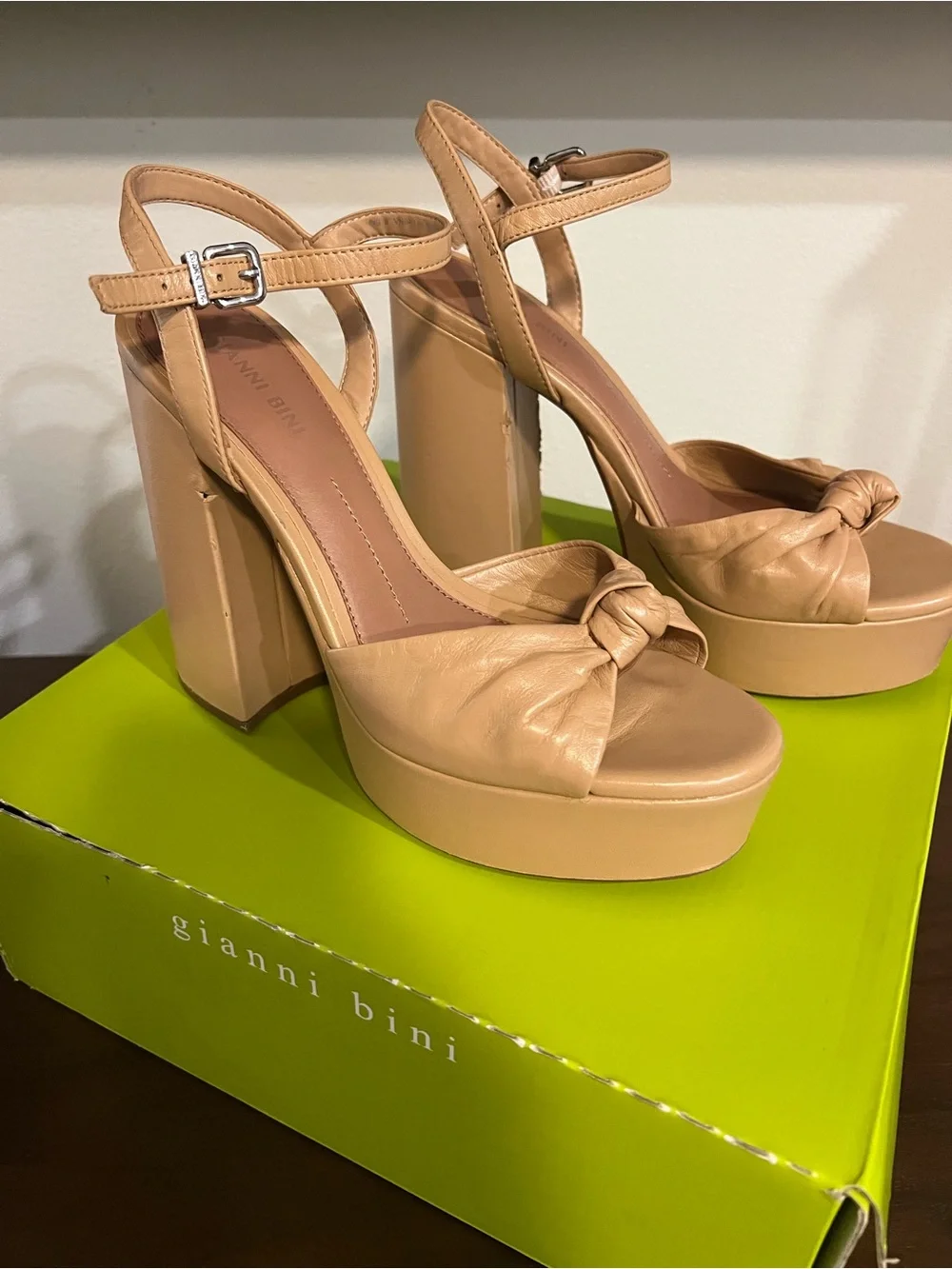 Gianni Bini Beige Knotted Platform Sandals with Ankle Strap